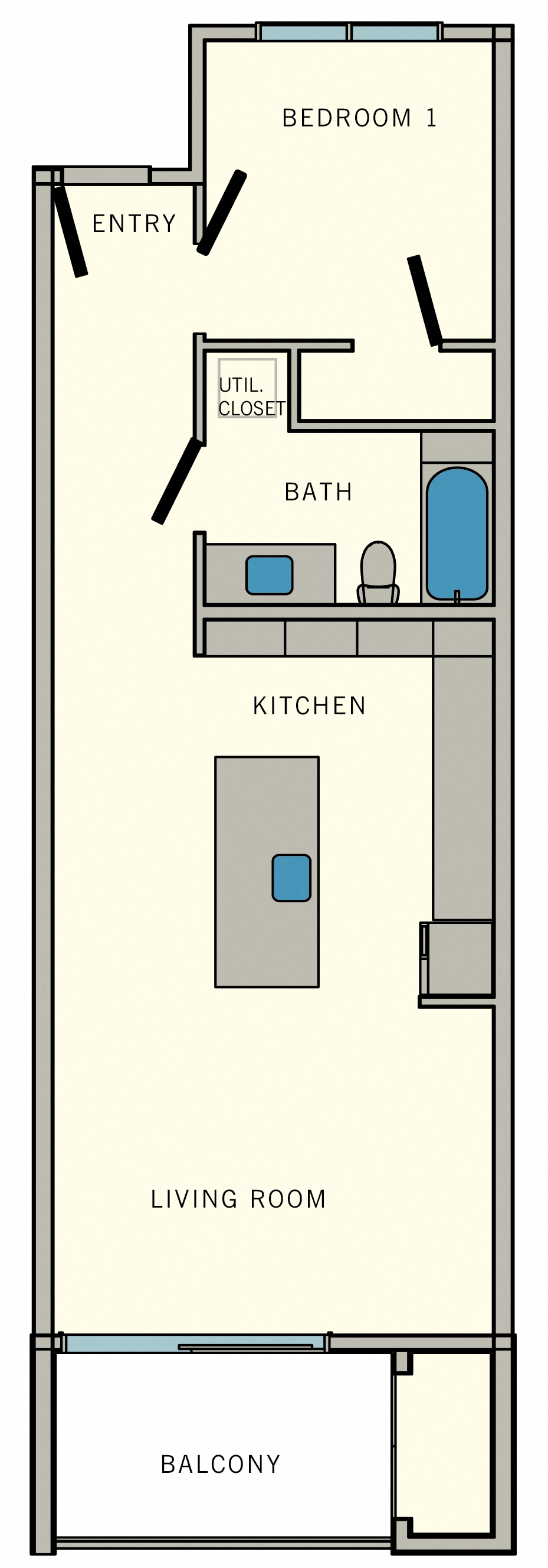 Floor plan for 1 bed, 1 bath, 718 sqft